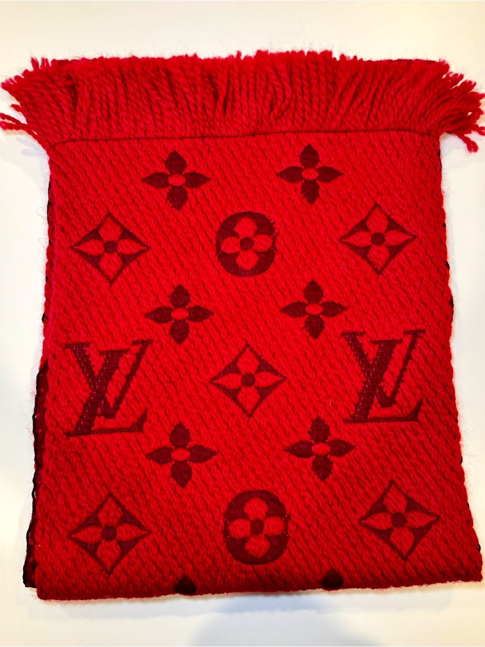 Louis Vuitton Logomania Reversible Rubis Red Wool And Silk Scarf - Picture 3 of 11